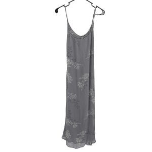 Boho Floral Maxi Slip Dress Large Gray Lattice Neck Fairycore Whimsigoth 90s